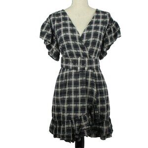 VICI Belted Plaid Dress Ruffle Accent Black & Gray Short Sleeve Size L Y2K